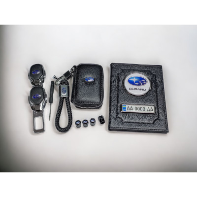 Комплект на подарунок з логотипом Subaru, обкладинка, брелок, ключниця, ковпачки на ніпель