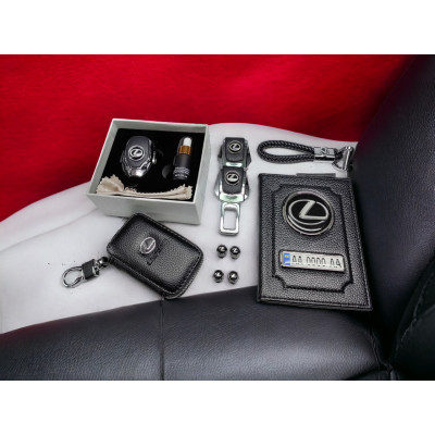 Комплект на подарунок з логотипом Lexus, обкладинка, брелок, ароматизатор,ключниця, ковпачки на ніпель