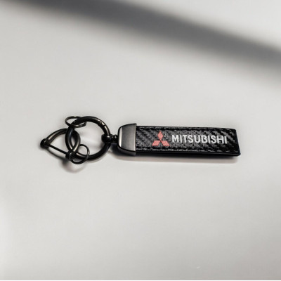 Брелок автомобільний шкіряний з карабіном Mitsubishi, екошкіра та метал