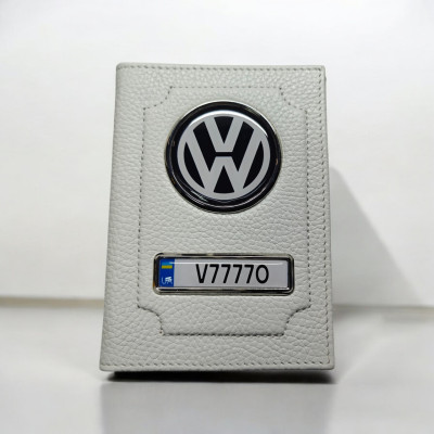 Обкладинка для автодокументів Volkswagen з номером, біла шкіра