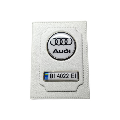 Обкладинка для автодокументів Audi та номером авто, натуральна шкіра біла