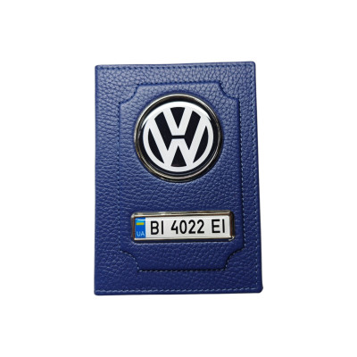 Обкладинка для автодокументів Volkswagen з номером авто, натуральна шкіра синя