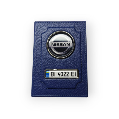 Обкладинка для автодокументів Nissan зномером авто, натуральна шкіра синя