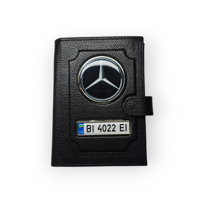 Портмоне для автодокументів Mercedes з номером авто, натуральна шкіра чорна
