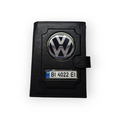 Портмоне для автодокументів Volkswagen з номером авто, натуральна шкіра чорна