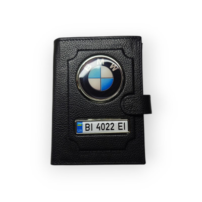 Портмоне для автодокументів BMW з номером авто, натуральна шкіра чорна