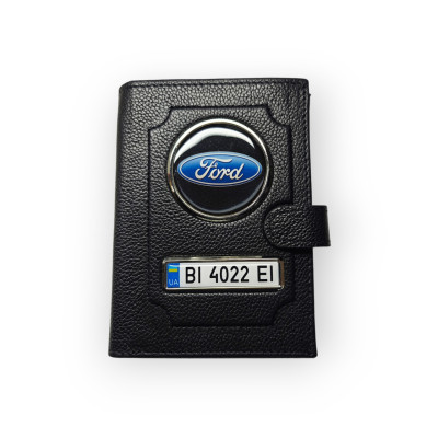 Портмоне для автодокументів Ford з номером авто, натуральна шкіра чорна