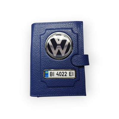 Портмоне для автодокументів Volkswagen з номером авто, натуральна шкіра синя