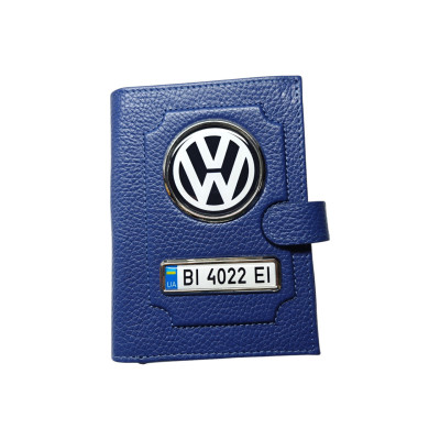 Портмоне для автодокументів Volkswagen white  з номером авто, натуральна шкіра синя