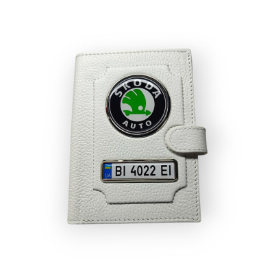 Портмоне для автодокументів Skoda auto, натуральна шкіра біла