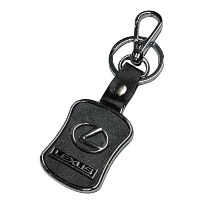 Брелок з логотипом авто Lexus, карабін та кільце, металевий зі вставками натуральної шкіри.