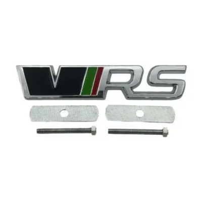Емблема напис VRS для Skoda у решітку срібло+кольорові вставки 120х25мм метал (на кріпленнях)