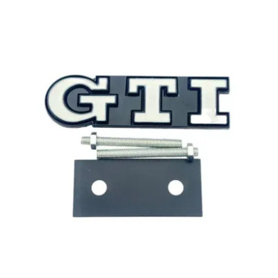 Емблема напис GTI у решітку 91х21мм БІЛА+чорна окантовка метал (на кріпленнях)