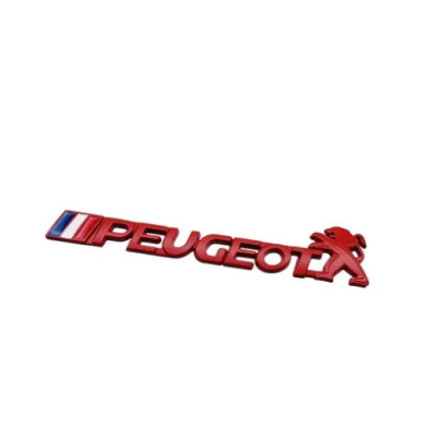 Емблема напис PEUGEOT червона 150х30мм метал (на скотчі)