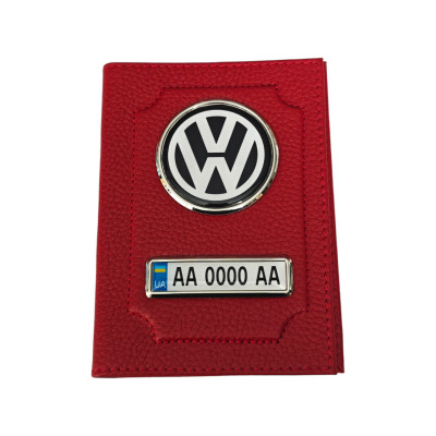 Обкладинка для автодокументів Volkswagen з номером авто, натуральна шкіра червона