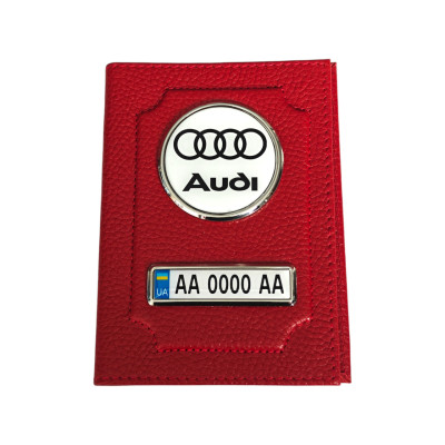 Обкладинка для автодокументів Audi з номером авто, натуральна шкіра червона