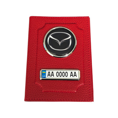 Обкладинка для автодокументів Mazda з номером авто, натуральна шкіра червона