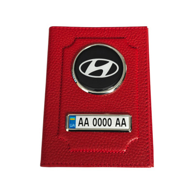 Обкладинка для автодокументів Hyundai з номером авто, натуральна шкіра червона