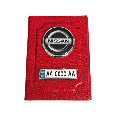 Обкладинка для автодокументів Nissan з номером авто, натуральна шкіра червона